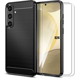 Coque pour Samsung Galaxy S24 avec 2 Verres Trempés, Motif Traits Acier Protection Renforcée Silicone Noir - E.F.Connection