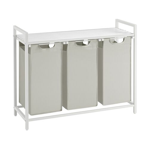 Panier à linge 3 compartiments effet bois acier tissu Oxford blanc