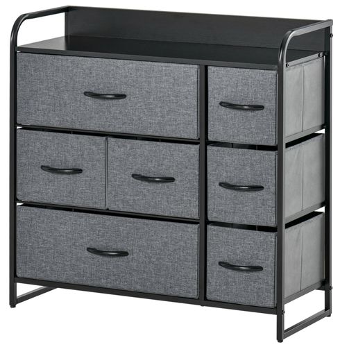 Commode Rangement 7 Tiroirs Plateau Acier Mdf Noir Non Tissé Gris