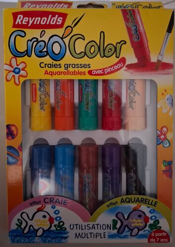 Créo'color - 10 Craies Grasses Aquarellables - Avec Un Pinceau