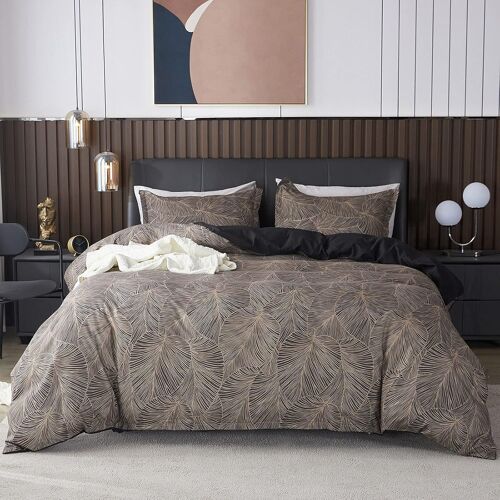 Sjzg-Parure Housse De Couette Feuilles Tropicales, 1 X Housse De Couette 220x240 Cm 2 Personnes Et 2 X Taies D'oreiller 50x70 Cm, Linge De Lit Avec Fermeture Eclair Marron Foncé