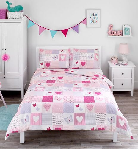Sjzg-- Housse De Couette 200 X 200cm Pour Enfants - Coeurs Et Papillons - Imprimé Pois Rose Et Lilas - Parure De Lit Réversible Et 2 Taie D`Oreiller Pour Garçons Et Filles - Lit Double