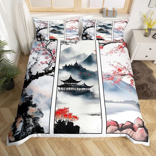 Sjzg-Vintage Shanshui Housse De Couette 200x200cm Peinture Nationale Encre Ensemble De Literie Filles Chambre À Coucher Décoration Style Japonais Parure De Lit Prune Impression Kiosque Literie