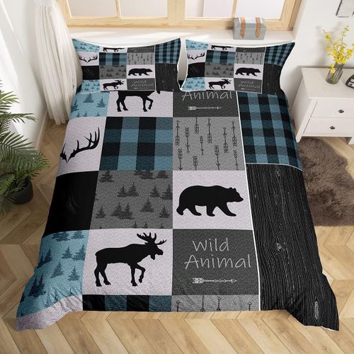 Sjzg-Camping Et Chasse Thème Literie Set Décoration De La Faune Parure De Lit Cerf Ours Porte Imprimée Housse De Couette 140x200cm Enfants Garçons Filles Microfibre Ensemble De Literie