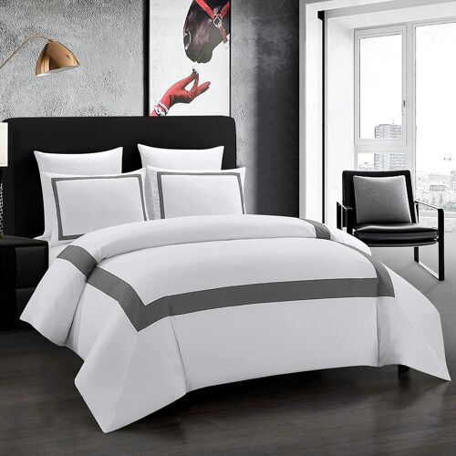 Sjzg-Housse De Couette 135x200 Cm Avec 1 Taie D'oreiller 50x75 Parure De Lit Blanche Et Gris Avec Fermeture Éclair En Microfibre Set Housse De Couette 1 Personne Douce