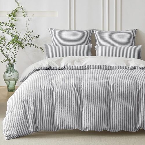 Sjzg-Housse De Couette 200x200 Coton Avec 2 Taies D'oreiller 65x65 Cm - 100% Coton Lavé - Design Bohème Jacquard Rayures - Bleu-Gris Parure De Lit 2 Personnes En Respirable Avec Fermeture Éclair