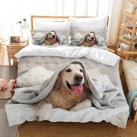 Sjzg-Housse De Couette Chien 3d Motif 3 Pièces Chien Parure De Lit 1/2 Personnes,Housse De Couette Animaux Avec 2 Taie D'oreiller 65x65 Cm Pour Enfant (Dog 03, 135 X 200 Cm)