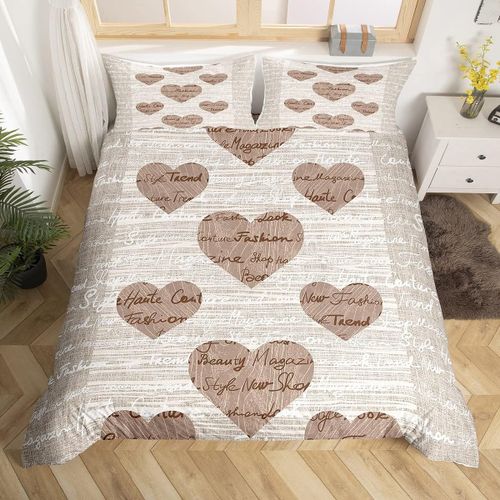 Sjzg-Amant Housse De Couette Beige Marron Femmes Filles Grain De Bois Ensemble De Literie Mot Imprimer Couples Coeur Motif Housse De Couette Ensemble Rétro Romance 3 Pièces Décor, 240x260cm