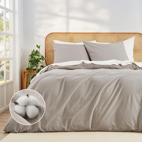 Sjzg-Housse De Couette 220x240 Coton Effet Lin Ultra-Doux 100% Coton Pré-Lavé Oeko-Tex Beige Grande Taille 1 Housse De Couette 220x240 + 2 Taies 80x80 Avec Fermeture Éclair