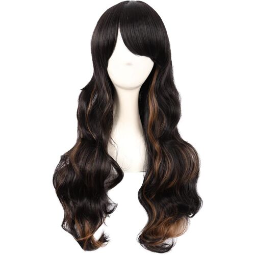 Tianyi-28 Pouces/70 Cm Haut-Température Fibre Side Frange Longue Vague Bouclé Cheveux Cosplay Perruques (Noir Mélangé Brun)