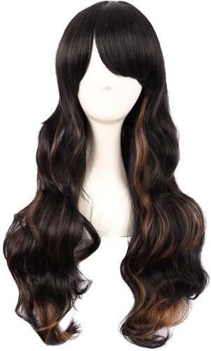 Tianyi-28 Pouces/70 Cm Haut-Température Fibre Side Frange Longue Vague Bouclé Cheveux Cosplay Perruques (Noir Mélangé Brun)