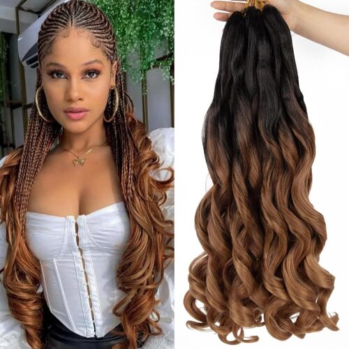 Pre-Stretched Curly Braiding Hair 18 Inch Bouncy Loose Wave With Curly Ends - 8 Packs French Crochet Extensions (T30)
