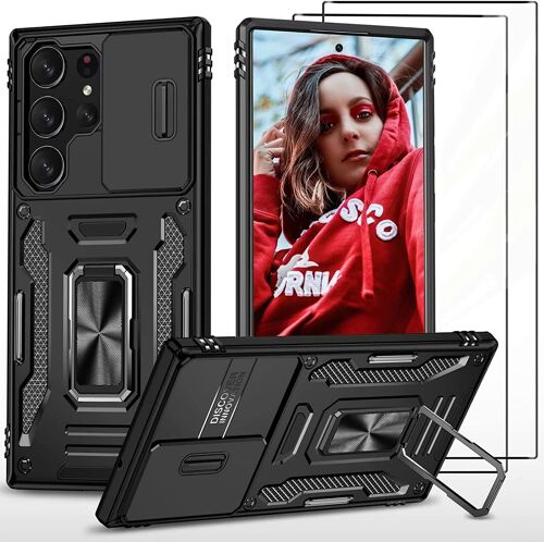 Coque Pour Samsung Galaxy S23 Ultra 5g 2 Verre TrempéEtui De Protection La Caméra Avec Magnétique SupportSilicone BumperHousse De Militaire Renforcée Défense CaseNoir