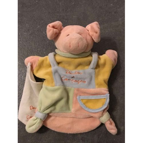 Doudou Et Compagnie Marionnette Cochon Orange Rose Vert Mouchoir