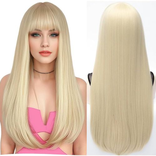 Kalanka-28 Pouces 70cm Longue Perruque Blonde Avec Frange Pour Femmes, Cheveux Synthétiques Lisses Résistants À La Chaleur, Perruque Naturelle Pour Halloween Cosplay/Déguisements