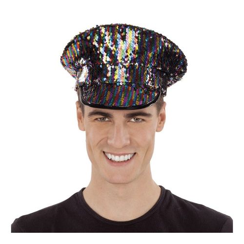 Casquette De Police Noir Avec Paillettes Arc-En-Ciel