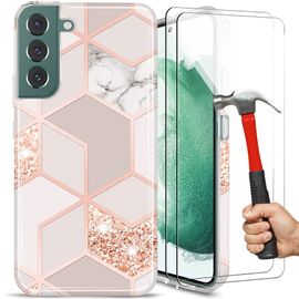 Coque pour Samsung Galaxy S22 + 2x Verre trempé, Motif de Marbre Rose Silicone Souple Protection - E.F.Connection