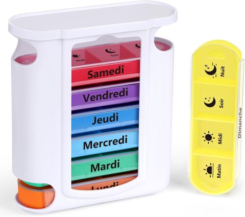 Kalanka-Pilulier Semainier Français (Matin, Midi, Soir Et Nuit) - Empilables Tour À Médicaments 7 Jours 28 Compartiments 4 Fois, Pour Vitamines Suppléments Pilules 