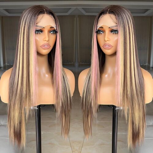 Perruque Naturelle Femme En Dentelle Hd Yaki Cheveux De Bébé Or Et Jaune Naturel 28 Pouces Pas De Colle Pour Synthétique 
