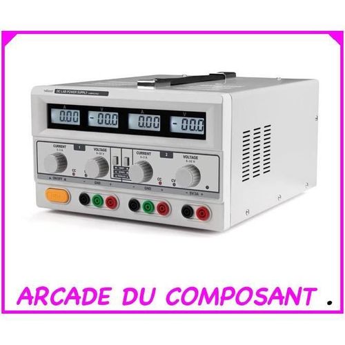 DOUBLE ALIMENTATION DE LABORATOIRE 2 x 0-30 VCC / 0-3 A + 5 VCC fixe 3 A MAX / AVEC 4 AFFICHEURS LCD