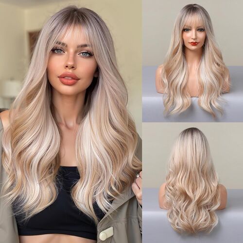 22 Pouces Longue Ondulée Ombre Blonde Naturelle Perruques de Cheveux Synthétiques pour les Femmes avec des Racines Sombres pour la Fête Quotidienne Cosplay Utilisation