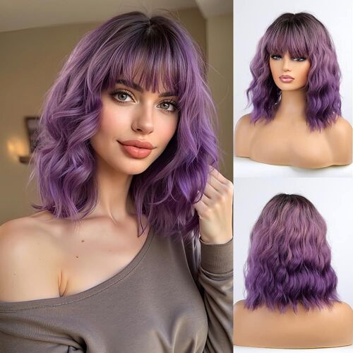 Bob Perruque Ombre Violet Pour Femmes De 14 Pouces Avec Franges, Court Onduléesnaturelle, Perruque Synthétique Résistante À La Chaleur Pour La Fête Quotidienne Cosplay 