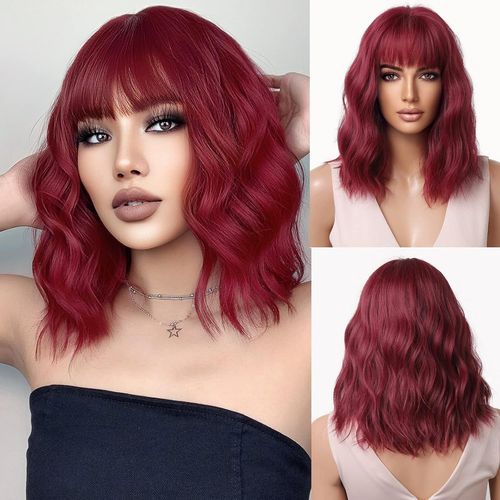 Vague Courte Bob Perruques Rouge Avec Frange Longueur De L'épaule Bourgogne Perruque Bouclés Ondulés Synthétique Cosplay Perruques Pour Femmes