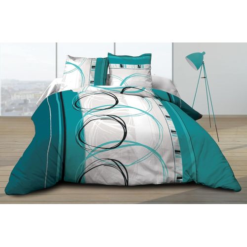 Sjzg-Housse De Couette 240x260 + 2 Taies Pur Coton 57 Fils Roue Libre Turquoise