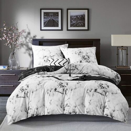 Sjzg-Sets De Housse De Couette Marbre 220x240cm Noir Blanc Et Gris Réversible Parure De Lit 2 Personnes Microfibre Avec 2 Taie D'oreiller 65x65cm Avec Fermeture Éclair