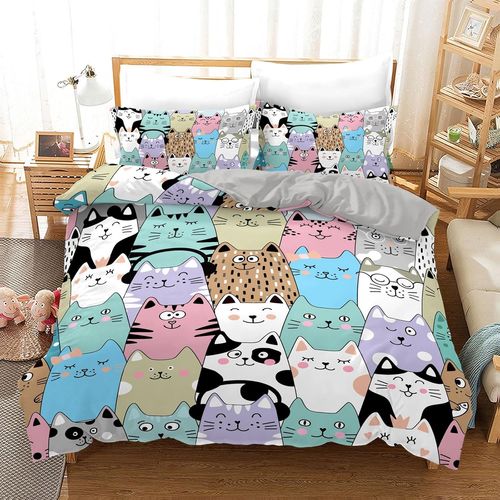 Tzf-Housse De Couette Chat 135x200, Motif Chat Mignon En Microfibre Douce, Avec Housse De Couette Et Taies D'oreiller, Pour Garçons Et Filles(Chat 6, 135x200cm)