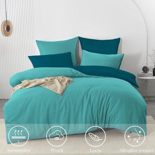 Tzf-Parure De Lit 2 Pièces Réversible En Microfibre 155 X 220 Cm - Turquoise / Pétrole - 155 X 220 Cm - Doux Et Infroissable - 1 Housse De Couette + 1 Taie D'oreiller 80 X 80 Cm - Avec Fermeture