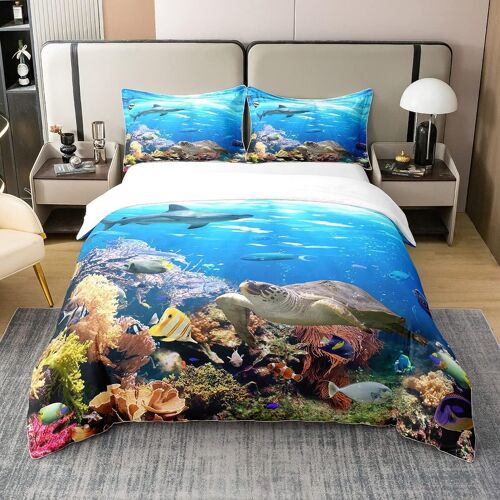 Sjzg-Housse De Couette Tortue De Mer Coton, Ensemble De Literie Requin, Parure De Lit Animaux Océaniques Poissons, Housse Couette Tortue Arc-En-Ciel Corail, Home Textiles Literie, 140x200