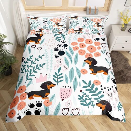 Sjzg-Parure De Lit Enfant 140x200 Teckel Kawaii, Housse De Couette Enfant Fille Garçon Chien De Dessin Animé, Sets De Housses De Couettes Fleur À Feuilles, Couvre Lit Imprimé Patte D'animaux
