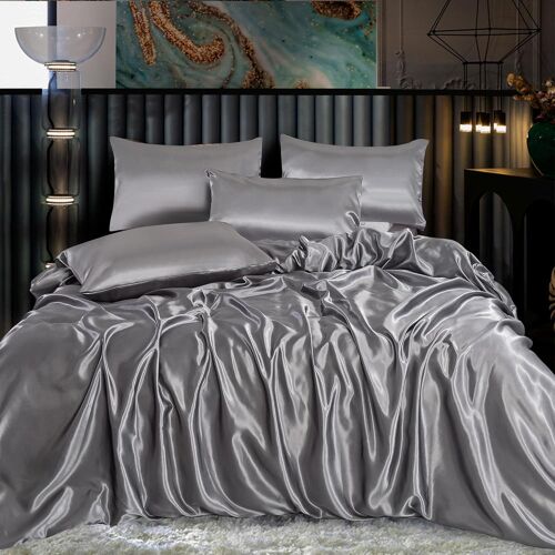 Sjzg-Parure De Lit Complète En Satin De Soie - 6 Pièces - Drap-Housse, Housse De Couette Et 4 Taies D'oreiller. Couleur - Argent Taille - King Size