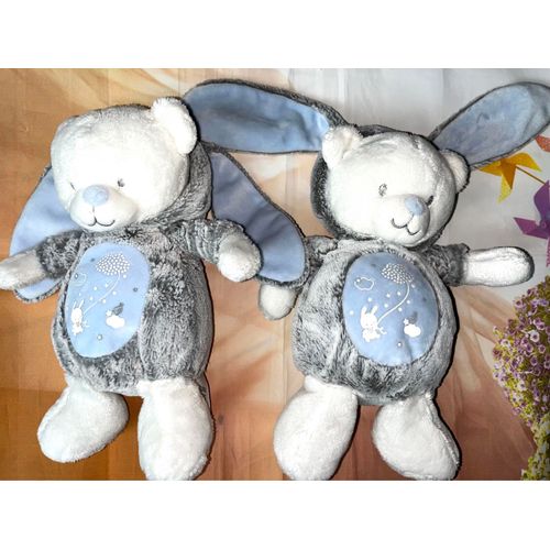Doudou Ours Capuche Lapin Mots D’Enfants Lot De Deux Gris Bleus Blanc Jouets Peluches Bébé 