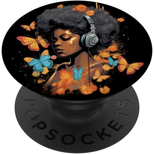 Cfux-Casque Noir Pour Femme Afro-Américaine - Motif Papillons Popsockets Popgrip Interchangeable