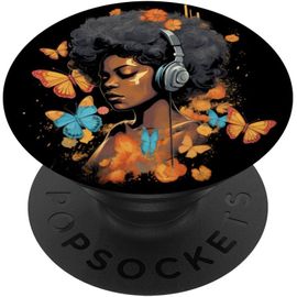 Cfux-Casque Noir Pour Femme Afro-Américaine - Motif Papillons Popsockets Popgrip Interchangeable