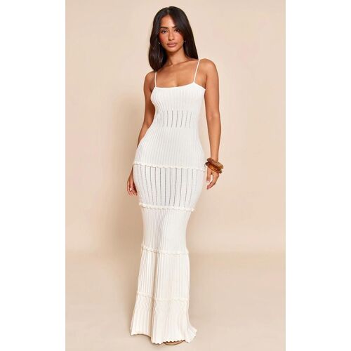Petite Robe Longue En Maille Tricot Crème À Bordures Festonnées, Crème