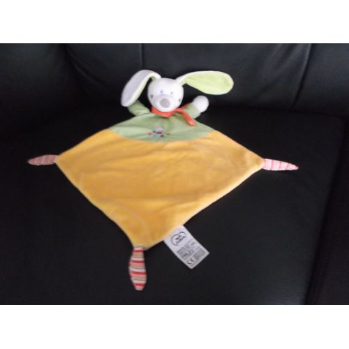 Doudou Plat Lapin Vert Et Jaune Mots D'enfants