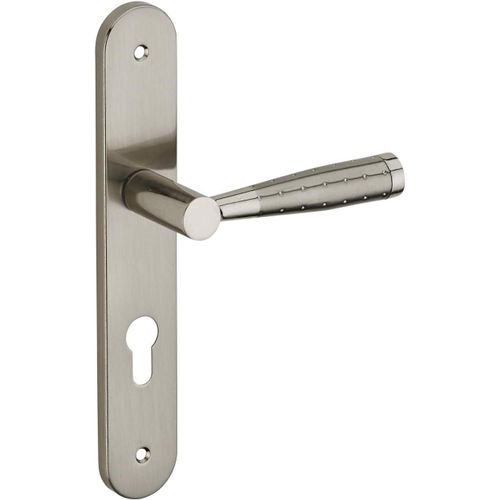 Ensemble De Poignées Pour Porte D'Entrée Helios - Acier Embouti - Usage Salle De Bain Et Toilette - Trou De Cylindre - Carré 7 Mm - Entr'Axes 195 Mm - Finition Nickelé Brossé - Gris