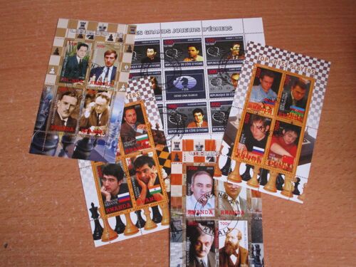 Lot 5 Blocs De 25 Timbres Joueurs D'échecs Chess Players Rwanda Côte D'ivoire 2008 2010