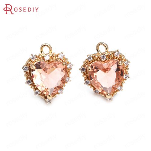 6 Pièces, 14x17mm, Couleur Champagne Or, Laiton, Zircon Et Verre, Breloques En Forme De Coeur, Pendentifs, Fabrication De Bijoux, Accessoires De Bricolage