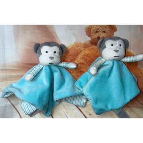 Doudou Singe Obaibi Bleu Turquoise & Blanc Rayé Lot De Deux Doudous Singes Jouets Bébé 