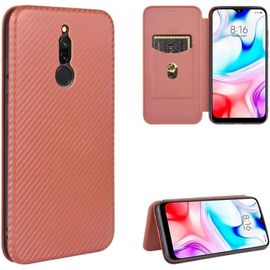 Compatible Avec Coque Xiaomi Redmi 8, Mince Flip Fibre De Carbone [Test De Chute] Antichoc Stand Fente Avec Carte, Protecteur D'écran En Verre Trempé*2-Marron