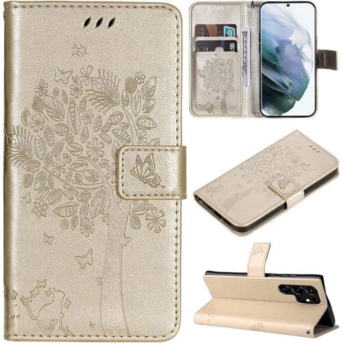 KAL-Coque Compatible Avec Samsung Galaxy S22 Ultra 5G - Cuir Flip Étui/Portefeuille Case Cover Housse Tpu Silicone - Arbre Et Chat - Kim
