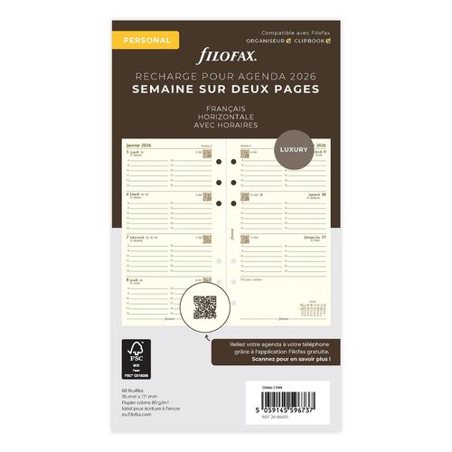 Filofax Semaine Sur Deux Pages Horizontal Cotton Cream- Français - Per - 2026