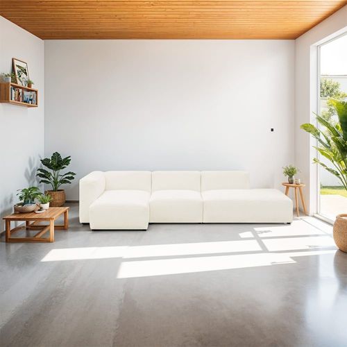 Canapé modulable angle gauche 5 places en tissu bouclette écru