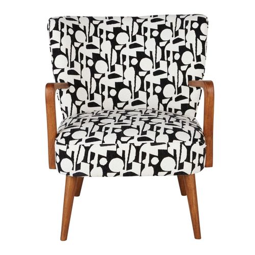Fauteuil En Textile Recyclé Tissé Jacquard Noir Et Blanc Et Bois D'hévéa Massif