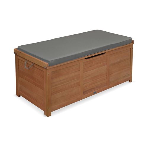 Coffre De Jardin En Bois 200l - Caja Gris- 125x60 Cm Rangement Coussins Avec Verin Et Poignees