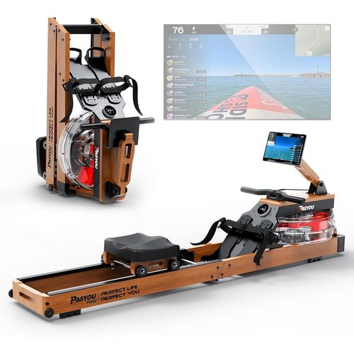 Asfasfq-Rameur Pour La Maison En Chêne, Rameur D'eau Pliable Avec Écran Bluetooth Et 30 Jours D'abonnement Kinomap Gratuit, Rameur Avec Support De Tablette Réglable, Charge Maximale 150 Kg Pw60